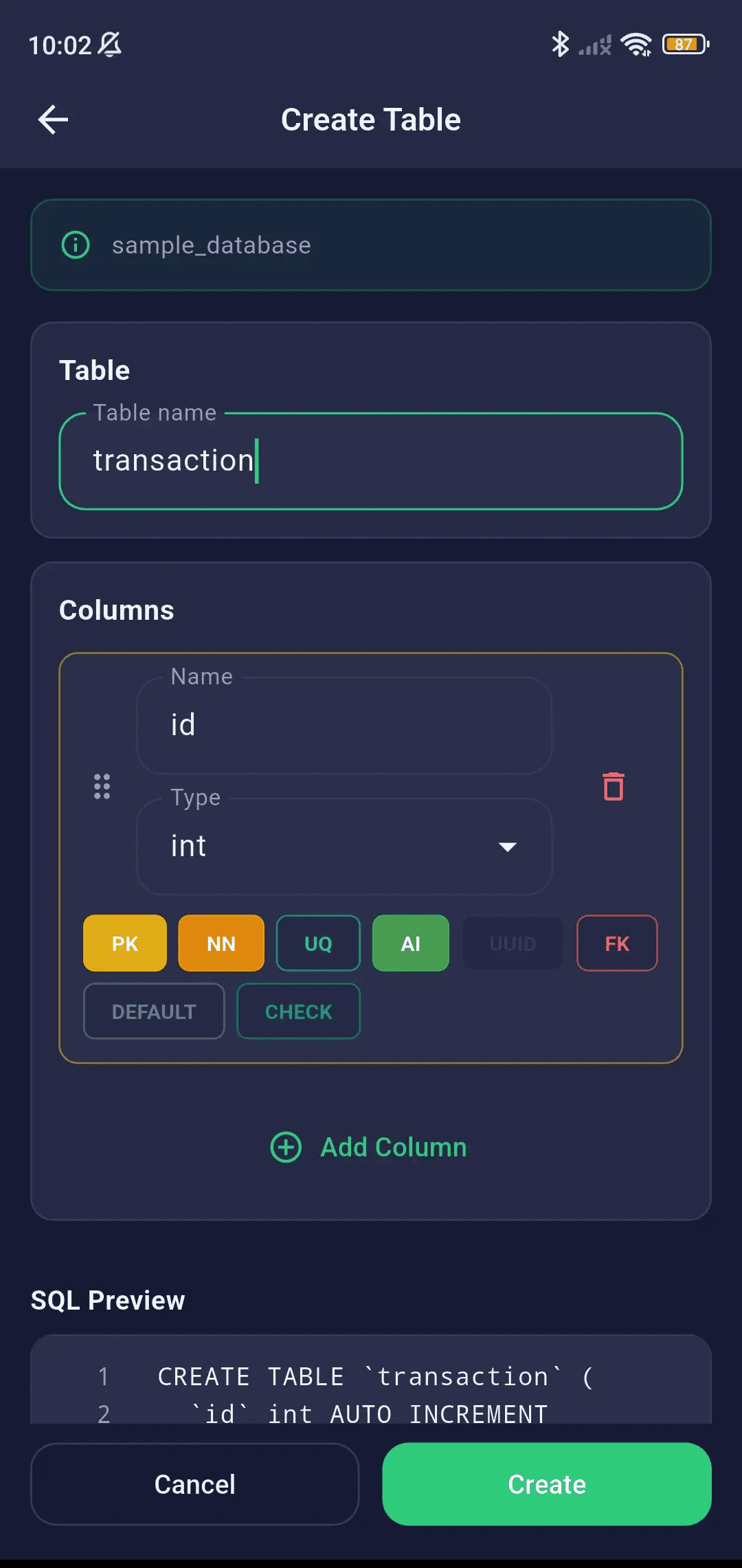 Create Table Mobile