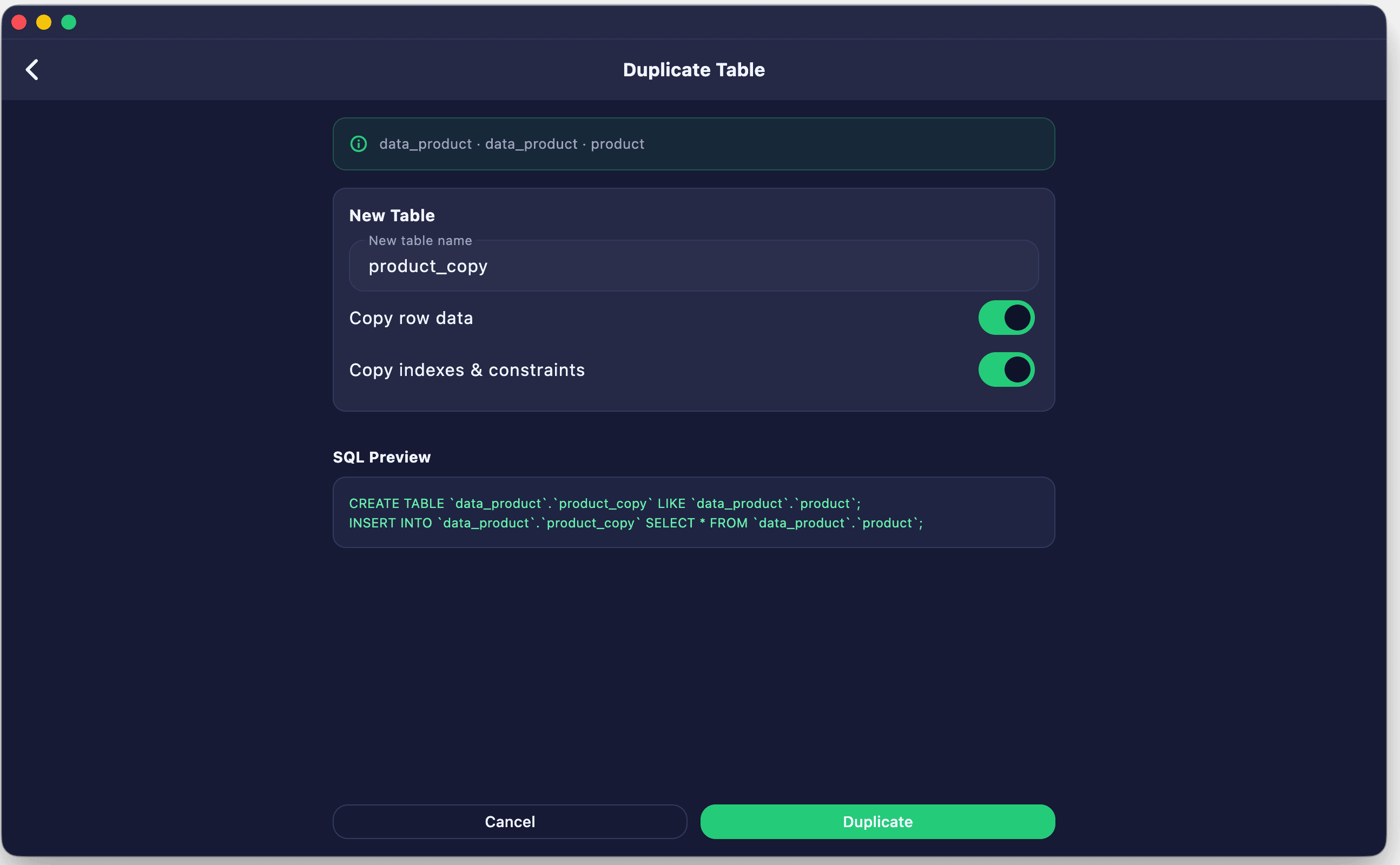 Duplicate Table Desktop