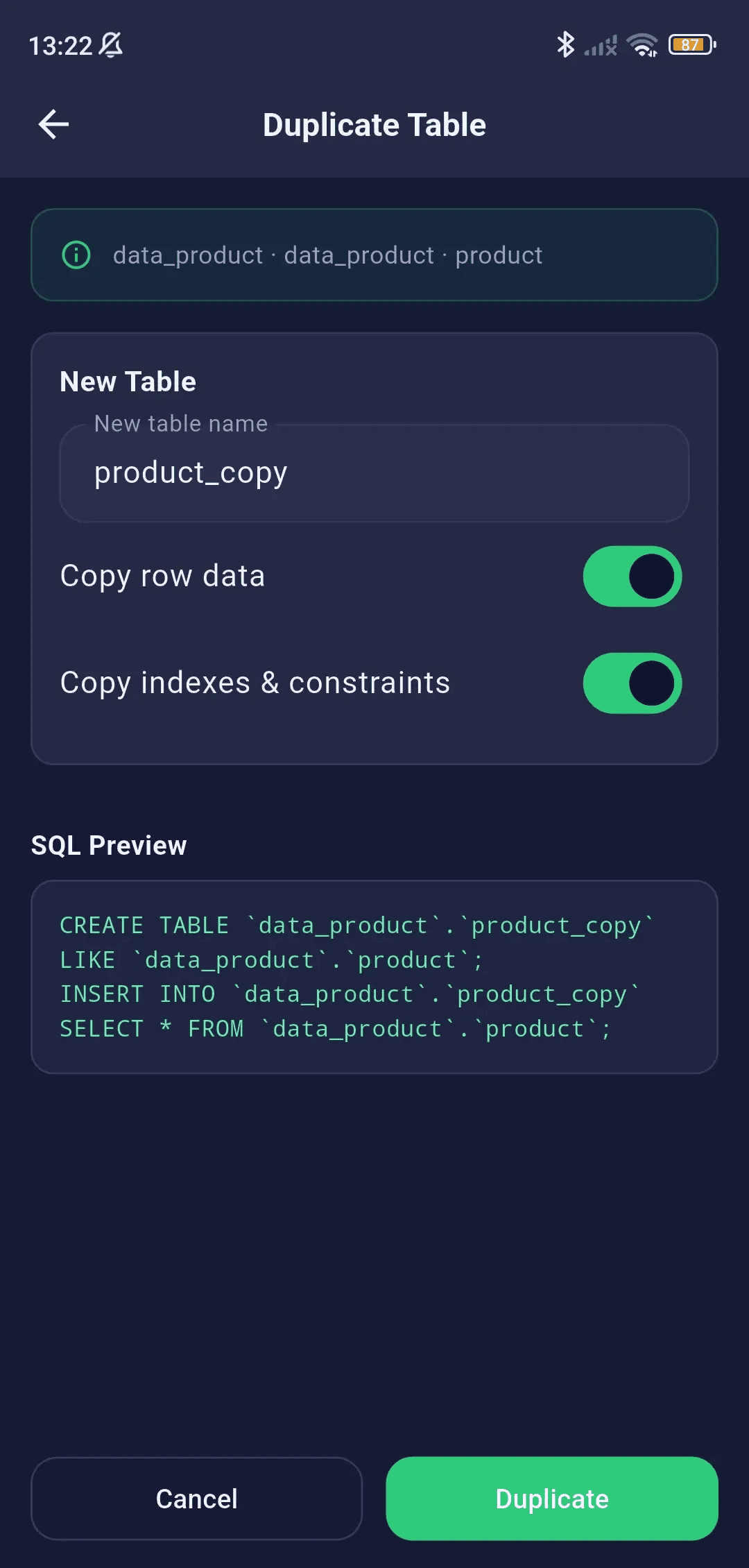 Duplicate Table Mobile