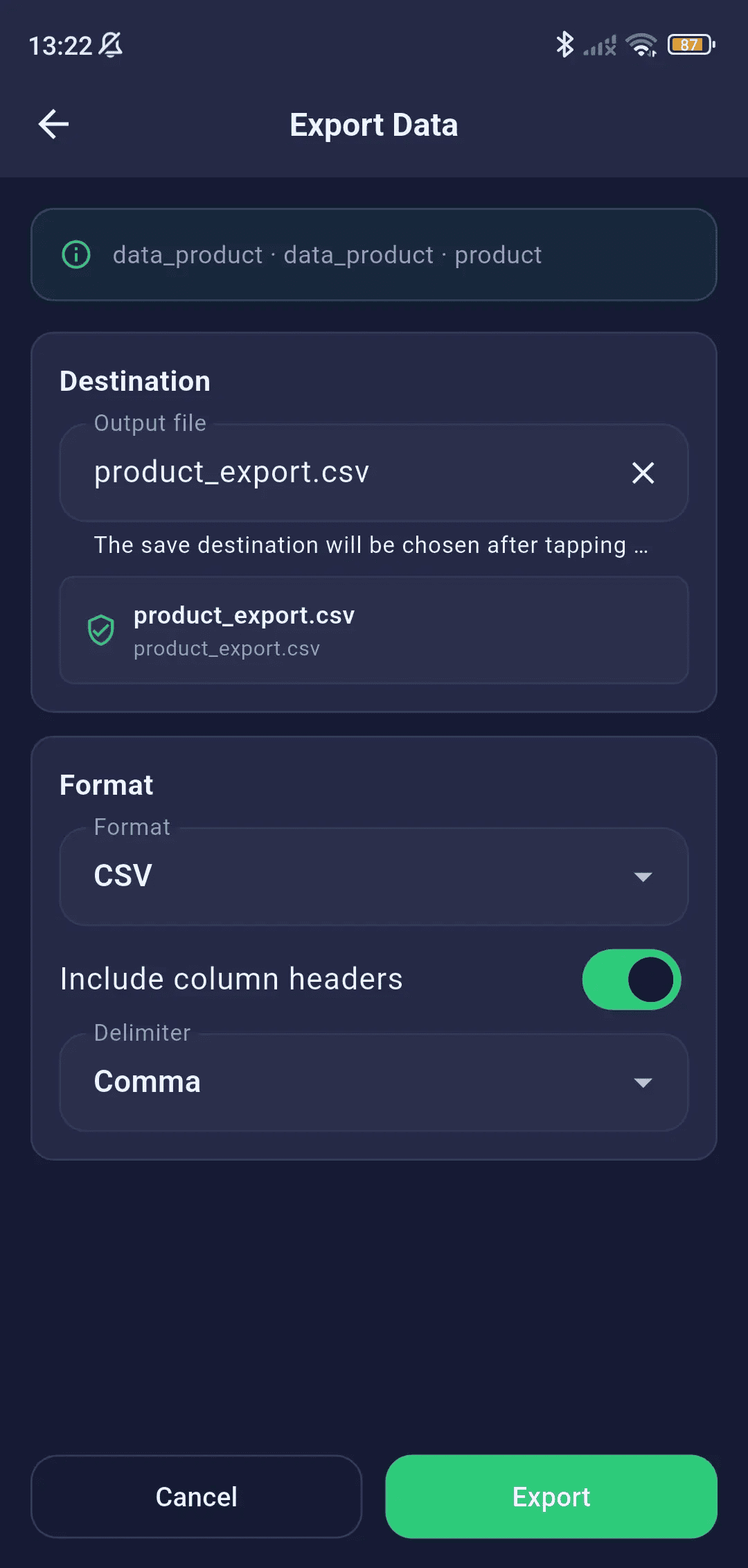 Export Dialog Mobile