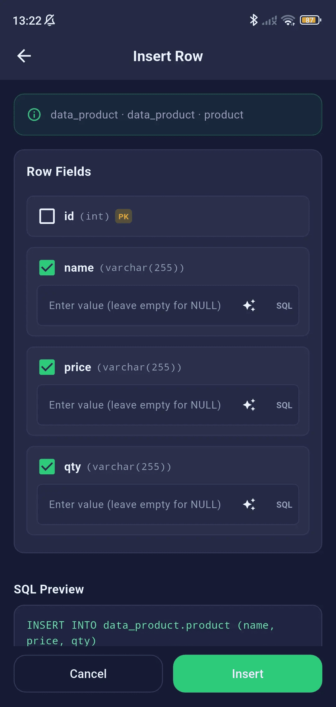 Insert Row Mobile